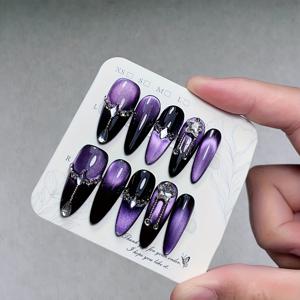 TEMU 분리형 순수 수제 착용형 네일 스티커 10개, 블랙 퍼플 그라데이션 우아한 기질, 캣아이 인레이드 디자인, 다양한 사이즈, 야외 스포츠 여행 업무용으로 적합, 아름다움을 위한 첫 번째 선택