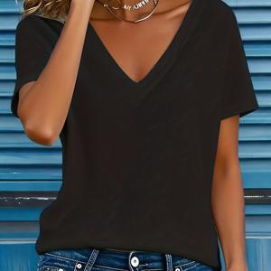 TEMU 봄/여름 단색 여성 티셔츠 V넥 반팔 티셔츠, 데일리 출퇴근 및 휴가용 여성 티셔츠, 간편한 기본 여성 티셔츠