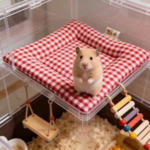 TEMU 햄스터 골든 베어 사계절 슬리핑 패드, 빨간색과 흰색 체크무늬 펫 침대, 케이지용 부드럽고 편안한 소형 매트, 햄스터용 보온 패드, 부드럽고 통기성 좋은 소형 매트, 햄스터 케이지 액세서리, 햄스터, , 친칠라, 토끼용 소형 펫 침구