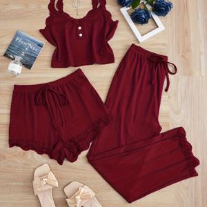 TEMU 봄/여름 자카드 골지 레이스 트림 캐미솔 탑, 반바지 및 긴 바지 잠옷 3종 세트