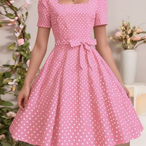 TEMU 2025 여름 신상 반팔 스퀘어넥 우아한 무릎 길이 빈티지 물방울 무늬 캐주얼 파티 바캉스 비치 드레스