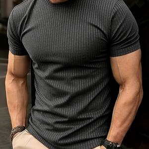 TEMU 여섯 가지 컬러 남성용 여름 캐주얼 심플 패션 반팔 티셔츠 - 250g 리브드 저지 통기성 고탄력 소재, 라운드넥 디자인, 가볍고 편안한 착용감, 캐주얼웨어, 헬스장 또는 야외 활동, 스포츠웨어에 적합