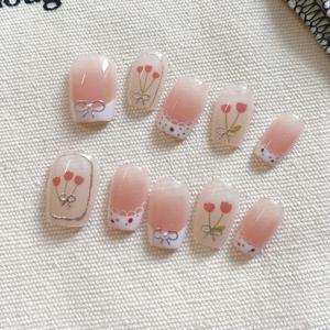 TEMU 10개입 부드러운 튤립 탈부착 프레스온 네일, 귀여운 블러쉬 숏 라운드 프렌치 스타일 네일 스티커