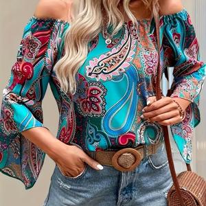 TEMU 여성을 위한 우아한 오프숄더 셔츠, 러플 소매와 섹시한 플로럴 프린트