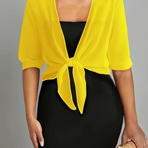 TEMU 플러스 사이즈 여성용 단색 앞総끈 반팔 크롭 셔츠, 봄/여름 우아하고 귀여운 활용도 높은 휴가 스타일, 여성 의류