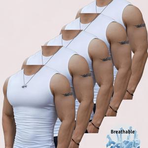 TEMU 남성용 퀵드라이 운동용 탱크탑 5개 세트 - 통기성, 흡습성 민소매 스포츠 조끼, 헬스, 러닝, 트레이닝용, 블랙 폴리에스터-스판덱스 혼방, 워크아웃 의류|핏감 좋은 탱크|흡습 소재, 헬스웨어