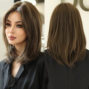 TEMU 여성용 숄더 길이 루즈 컬러 카카오 브라운 가발, 데일리 파티용, 중간 부분, 고밀도 여성 가발, 내열성 합성 가발, 16인치