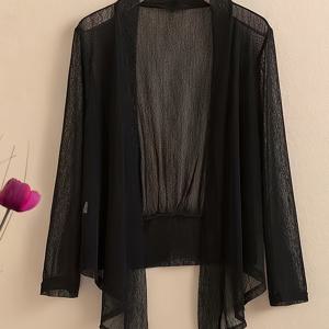 TEMU 우아한 플러스 사이즈 시스루 메쉬 가디건 - 긴 소매, 앞이 열린 타이 디테일, 해변 휴가 및 레이어링에 완벽