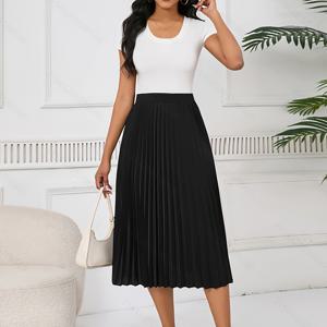 TEMU 여성용 우아한 폴리에스테르 플리츠 미디 스커트 - 캐주얼 스타일 단색 컬러 짠 스커트 (모든 계절)