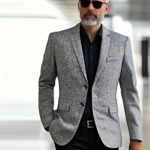 TEMU 남성용 가벼운 비즈니스 캐주얼 - 스타일리시한 다크 블루 싱글 브레스트 재킷, 텍스처 디자인, 긴 소매, 폴리에스터 안감, 봄/가을용, 슬림핏 비즈니스 캐주얼 정장 재킷, 남성 의류, 남성 정장 & 세트