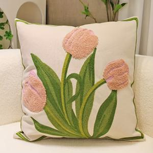 TEMU 프레쉬하고 미니멀한 자수 베개 커버, 멀티 컬러 튤립 디자인, 침실, 거실 및 소파 쿠션에 적합