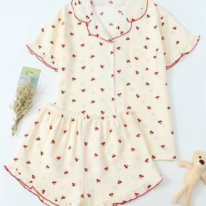 TEMU 체리 프린트 넥 반팔 숏 팬티 파자마 세트