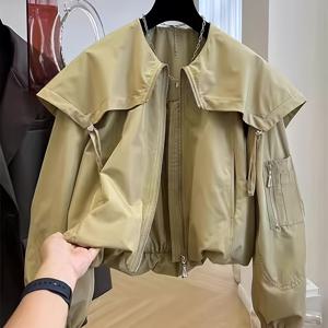 TEMU 여름 여성용 패셔너블한 다용도 단색 인형 칼라 재킷, 버블 헴 디자인 및 캐주얼 웨어용 지퍼