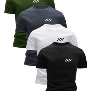 TEMU 4개 혼합 블랙 화이트 회색 아미 그린 프린트 4 Slash 패턴 반팔 남성용 초경량 크루넥 티셔츠 - 속건성, 통기성, 땀 흡수 티셔츠, 캐주얼 남성용 반팔 통기성 땀 흡수 남성용 선물 크루넥 디자인