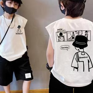 TEMU 2025 신상 남아용 민소매 탱크탑 - 기하학 패턴 루즈핏 여름 셔츠, 통기성 라운드넥 캐주얼 & 파티웨어, 세탁 가능한 키즈 패션 상의, 유쾌한 그래픽 티셔츠, 중간 탄력