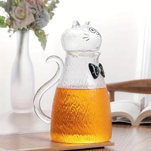 TEMU 1개 고양이 리본 하이보로실리케이트 유리 냉수 피처, 대용량 내열 수제 차주전자