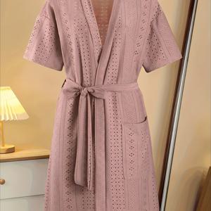 TEMU 여성용 우아한 딥 V넥 반팔 파자마 가운 - 허리끈 & 왼쪽 포켓, 풀 자카드 잠옷, 봄/가을용, 세탁기 사용 가능, 오픈 프론트 라운지 가운