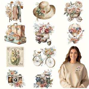 TEMU 12개 세트 빈티지 워터컬러 DIY 전사 스티커 - 플로럴, 여행 & 사진 디자인, 세탁 가능한 비닐 열전사 데칼, 티셔츠, 청바지, 백팩용 (다림질 필요 없음, DTF 호환), 창의적인 공예 | 예술적 액세서리 | 내구성 있는 장식