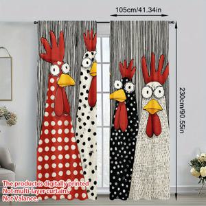 TEMU 2D 평면, 2D 평면, 2개 세트 물방울 무늬 닭 무리 테마 프린트 도어 커튼, 세탁기 사용 가능, 세련된 프린트 디자인, 거실, 침실, 사무실, 주방, 커피숍에 적합, 2D 평면