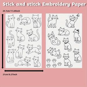 TEMU A4 사이즈 자수용 수용성 종이 2장 (미리 인쇄된 집고양이 디자인), 자가 접착 수용성 원단, 재봉 및 바느질 애호가에게 적합
