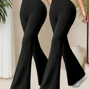 TEMU 여성용 투팩 봄/가을 캐주얼 팬츠, 하이웨이스트 핏 조임 플레어 팬츠, 다리가 긴 신축성 좋은 트라우저, 하이웨이스트 레깅스, 데일리 캐주얼웨어