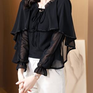 TEMU A4596 여성용 블랙 러플 쉬폰 블라우스, 활용도 높은 앞결鞭 타이 탑