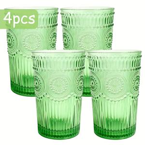 TEMU 4개 레트로 그린 음료잔 세트 | 390ml/13oz 빈티지 텍스처 컵 (물, 아이스 커피, 주스, 칵테일 & 와인용) | 두꺼운 유리 텀블러 (가정 주방, 바, 파티, 식탁 장식, 생일 & 크리스마스 선물용) | 냉동고 사용 가능