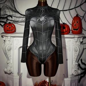 TEMU 여성용 긴팔 하이넥 프린트 점프수트, 할로윈용 다크 스타일리시 여성 점프수트, 웹 점프수트