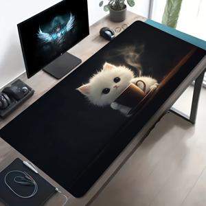 TEMU 커피컵을 든 흰색 고양이 아트 디자인의 대형 게이밍 마우스 패드 1개, 미끄럼 방지 세탁 가능 고무 베이스, 대형 데스크 매트 사무용품, 컴퓨터 장식 오염 방지 게이밍 마우스 패드, 게이머를 위한 이상적인 선물, 초대형 데스크 매트, 스타일리시한 사무실 책상 장식 및 학습용품
