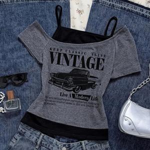 TEMU Y2K 빈티지 카 그레이 오프숄더 베이브 페이크 투피스 탑 NS702