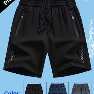 TEMU 남성용 속건성 수영 반바지 - 가볍고 통기성 좋은 폴리에스터, 사이드 지퍼 및 드로스트링이 있는 단색, 여름 해변, 수영장 및 야외 활동에 적합