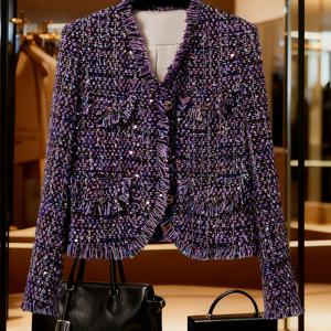 TEMU TD1216258 우아한 딥퍼플 트위드 프リンジ 재킷 탑, 반짝이는 스팽글 시퀸 장식, 여성용 패셔너블한 숏기장 긴소매 아우터웨어 가디건 재킷, 데일리 캐주얼웨어, 비즈니스 오피스, 비즈니스 미팅, 캐주얼 모임, 정식 저녁 식사, 고급 애프터눈 티, 경쾌한 럭셔리 쇼핑 여행, 휴일 행사를 포함한 모든 행사에 적합
