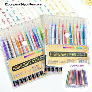 TEMU 36개 컬러 체인지 글리터 펜 세트 (펜 12개, 리필 24개) - 흐르는 모래, 반짝이는, 눈부신 별 젤리 펜, 오로라 밝은 형광 마커 (일기, 그림, 스케치용), 수채화 펜, 스크랩북용 가는 팁 펜