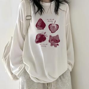 TEMU 여성용 Y2K 오버사이즈 라그랑지 긴팔 티셔츠 - 블랙 & 화이트 컬러블록 라운드넥 블라우스, 라인 릴랙스핏 캐주얼 셔츠, 기계 세탁 가능 봄/가을 레이어링 & 캐주얼 웨어용 슬리브 탑