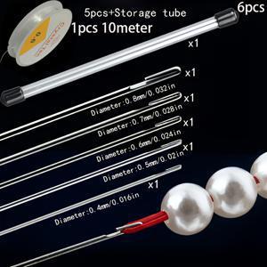 TEMU 사이드 엔트리 구슬 꿰기 바늘 6개 세트, 5가지 사이즈의 사이드 엔트리 구슬 꿰기 바늘과 10미터짜리 구슬 꿰기 실 1롤 포함, 쉬운 실꿰기용, 공예 및 DIY 구슬 공예에 적합, 17cm/6.69인치, 보관 튜브 포함