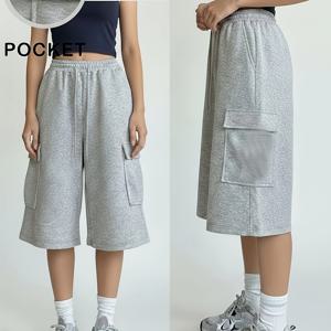 TEMU 여성 솔리드 컬러 루즈 드로스트링 카고 반바지, 7/10 길이 캐주얼 바지