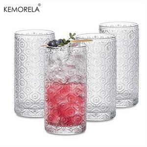TEMU 4개 세트 12.5/13.5oz 빈티지 유리컵, 엠보싱 패턴 스타일 투명 로스터테일 유리잔 세트 (빨대 및 코스터 포함), 로맨틱 워터글라스, 바 음료 아이스커피컵 주스잔