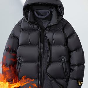 TEMU 남성용 다운 재킷 겨울 베이직 스타일 블랙 골든 시리즈 90% 다운 충전, 보온성 우수, 두꺼운 후드형 비신축 지퍼 프론트 데일리 긴팔 방풍 코트 F6337334001