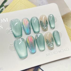 TEMU 민트 그린 무지개 눈매 프레스온 네일 10개입, 수제 인어 꼬리 및 진주 장식, 탈부착 가능한 인조 네일