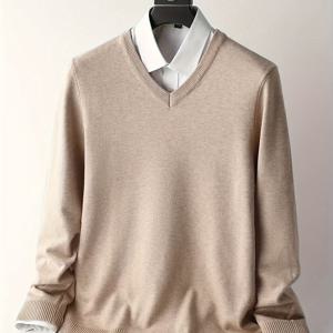 TEMU 신상품 수입 가을/겨울 남성용 단색 브이넥 니트 풀오버 스웨터
