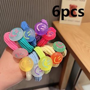TEMU 6팩 스위트 쿨 도파민 아세테이트 기쁜 얼굴 패브릭 헤어 타이 - 캔디 컬러 젤리 아크릴 포니테일 홀더와 즐거운 얼굴 참 장식, 청소년 및 성인용(14+) 비손상 고신축성 헤어 액세서리