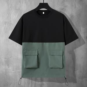 TEMU 남성용 여름 캐주얼 컬러 블록 반팔 티셔츠, 이중 플랩 포켓 & 신축성있는 드로스트링 밑단 - 가벼운 폴리에스테르, 라운드 넥, 세탁기 사용 가능 - 낚시 및 레저에 적합