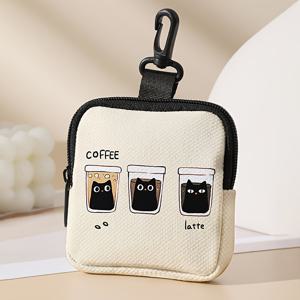 TEMU 1개, 음료 캣 컵 패턴 프린트 동전 지갑 버클 및 지퍼 포켓 포함, 다기능 보관 가방, 동전 수집 정리함, 남녀 공용