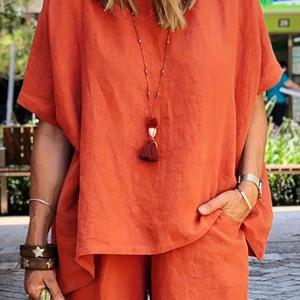 TEMU 여성 여름 신상 단색 린넨 반바지 세트, 패셔너블하고 우아한 무지 캐주얼 여성 탑 & 반바지 투피스 세트