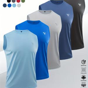 TEMU 와웰 남성용 솔리드 컬러 & 황소머리 프린트 민소매 티셔츠 5팩 - 빠른 건조 통기성 운동복, 헬스, 러닝, 농구, 야외 트레이닝용 - 팀용 대량 패키지 (5개) - 세탁기 사용 가능