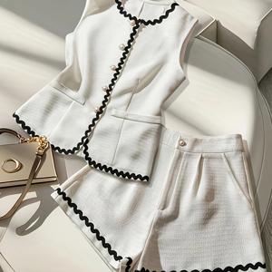 TEMU 캐주얼 엘레강스 레이스 트림 슬림핏 라운드넥 민소매 탑 & 하이웨이스트 와이드 레그 반바지 2피스 세트, 화이트 얇은 버전, 여름