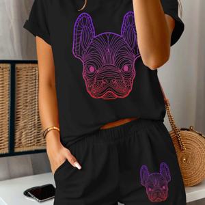 TEMU 2pcs 그라데이션 컬러 라인 강아지 프린트 여성 여름 캐주얼 스포츠 블랙 아프릭트 라운드넥 반팔 반바지 세트