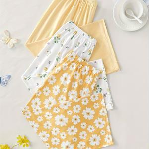 TEMU 3개 세트 대형 & 소형 플로럴 프린트 솔리드 컬러 카프리 팬츠, 편안한 레저용 파자마 라운지 팬츠