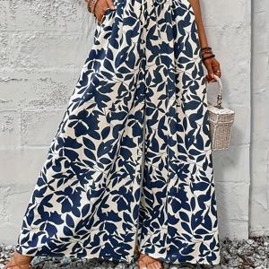 TEMU 여름 우아한 시크 로맨틱 여성 프린트 러플 허리 라인 와이드 레그 캐주얼 루즈한 바캉스 트라우저 페이크 드로스트링 캐주얼 스타일