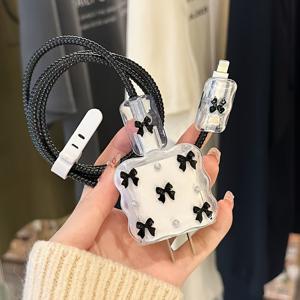 TEMU 휴대폰 케이스 - 블랙 스몰 보우노트 데이터 케이블 보호 케이스 (Apple 15 고속 충전용), iPhone 14 충전기 호환, 13 Pro Max 소프트 케이스, 여성용, 18W 및 20W 충전기 호환